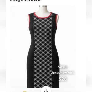 Jones New York Black Sheath Dress with White Plaid Center and Pink Trim